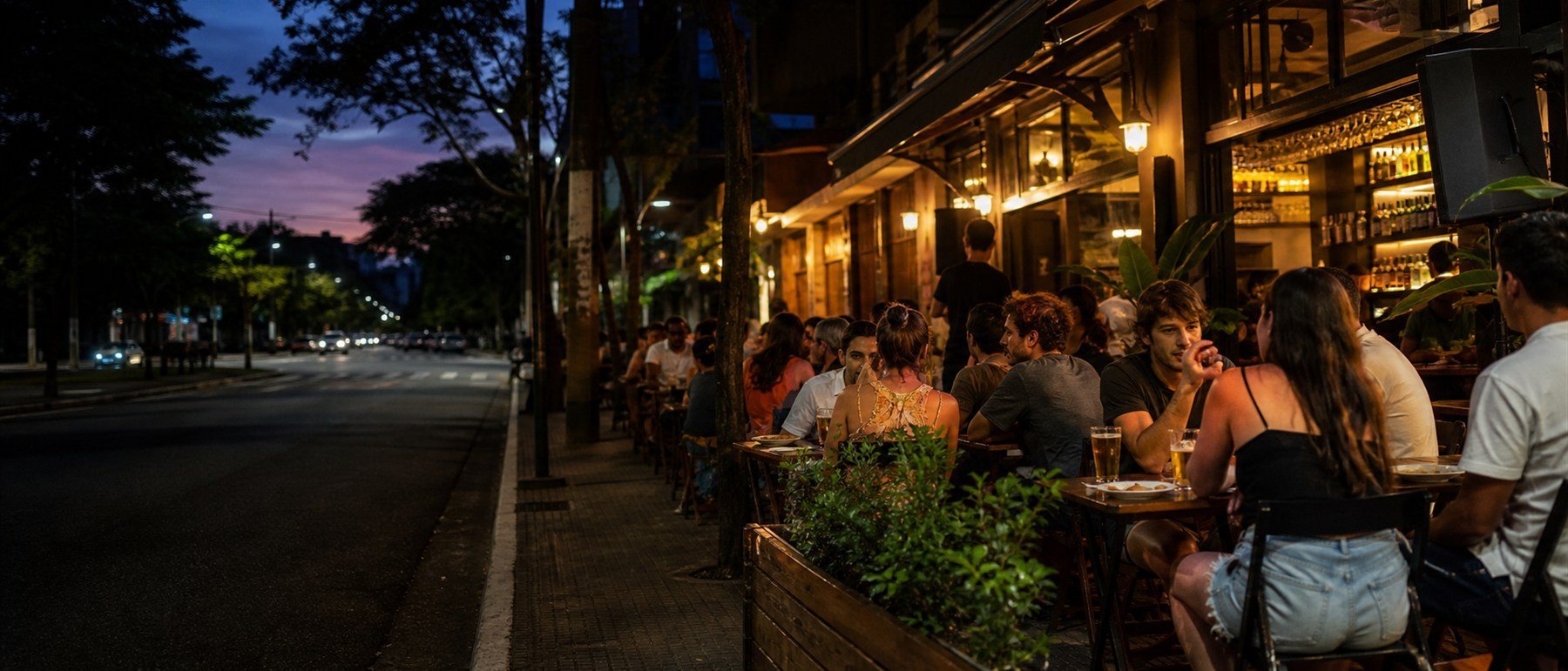 Mesa de bar na calçada ao anoitecer