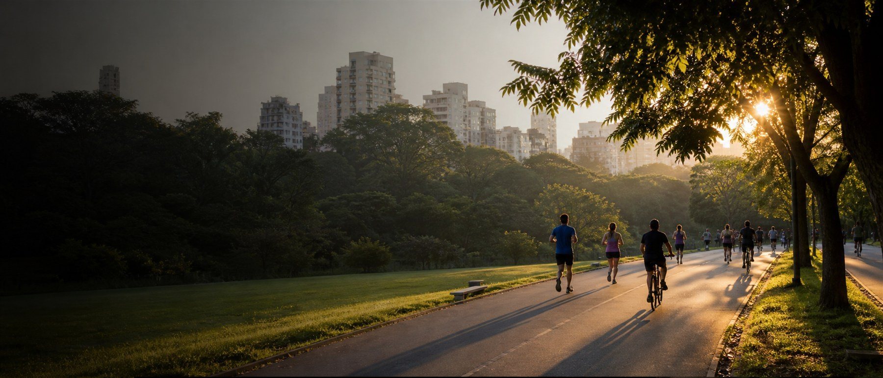 Ciclovia do Parque Ibirapuera no fim de tarde, com prédios ao fundo