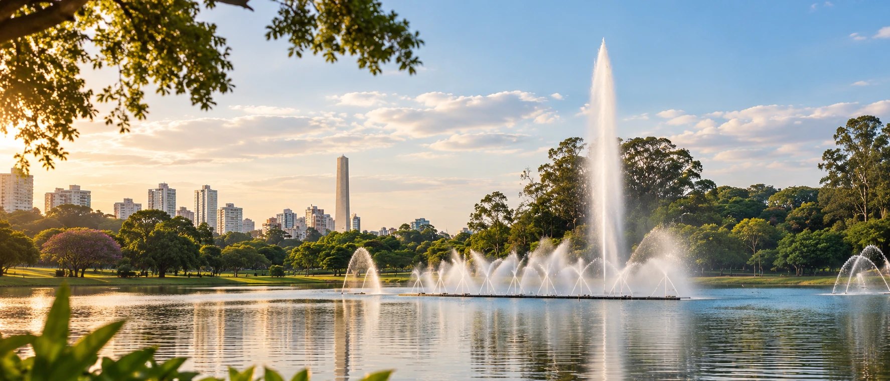 Fontes do lago do Parque Ibirapuera ao entardecer, com o Obelisco e prédios ao fundo