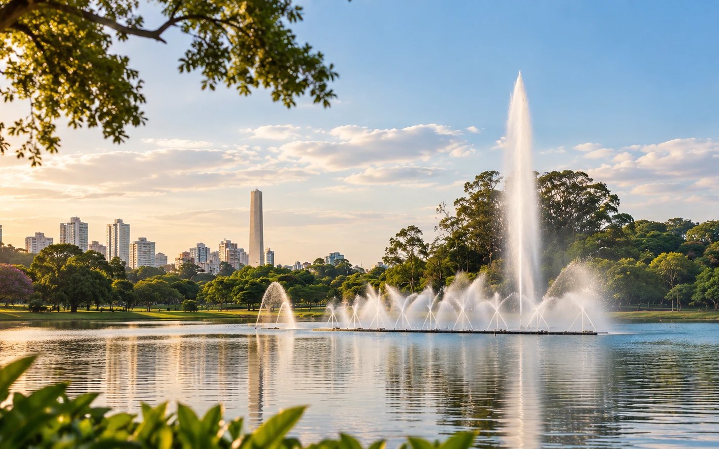 Fontes do lago do Parque Ibirapuera ao entardecer, com o Obelisco e prédios ao fundo