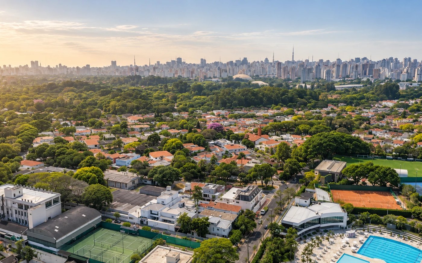Moema vista do alto, com casas arborizadas, quadras e o skyline de São Paulo ao fundo