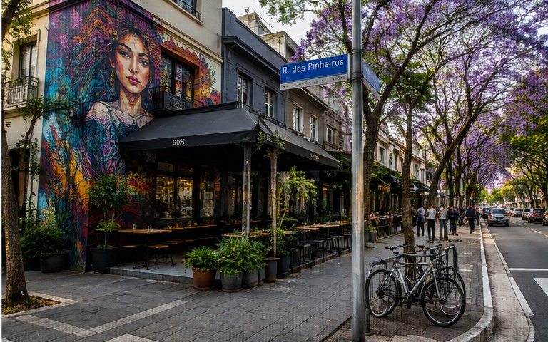 Rua de Pinheiros com grafite, mesas na calçada e ipês roxos