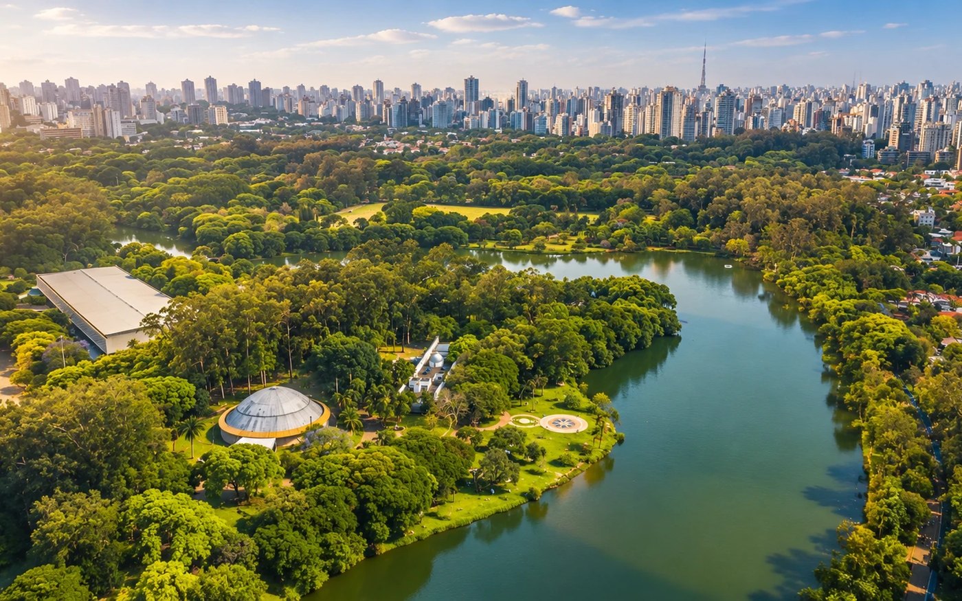 Parque Ibirapuera visto do alto, com a Oca, o lago e o skyline da Vila Mariana