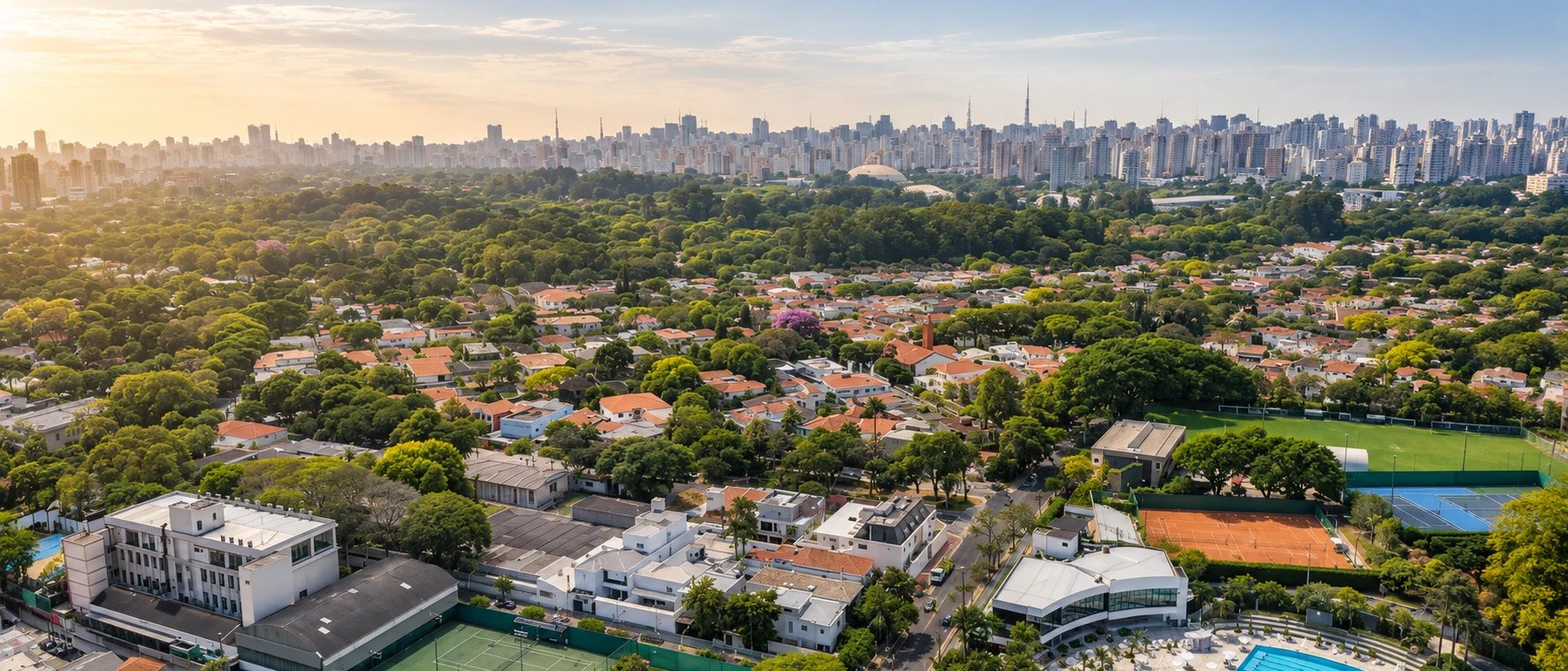 Moema vista do alto, com casas arborizadas, quadras e o skyline de São Paulo ao fundo