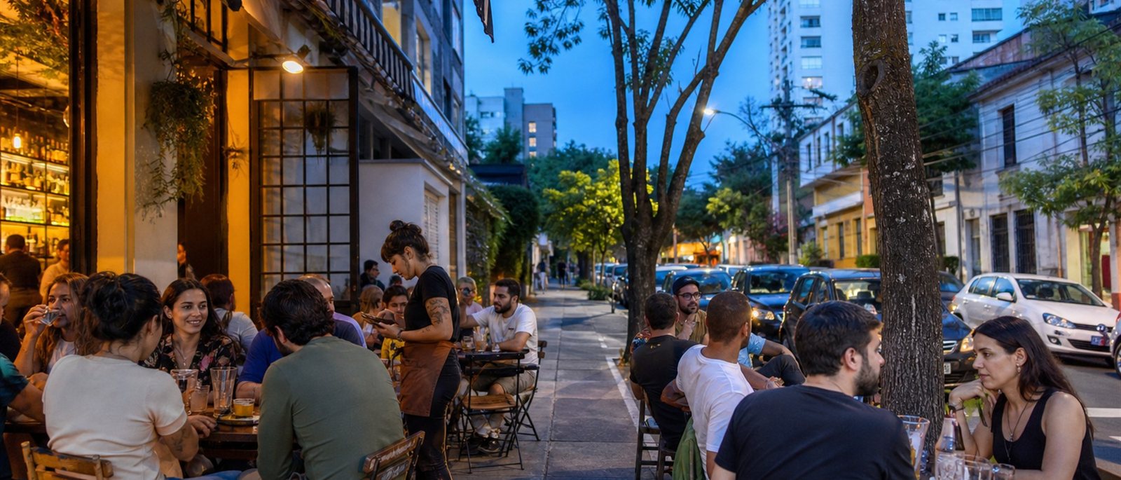 Mesas de bar na calçada ao anoitecer