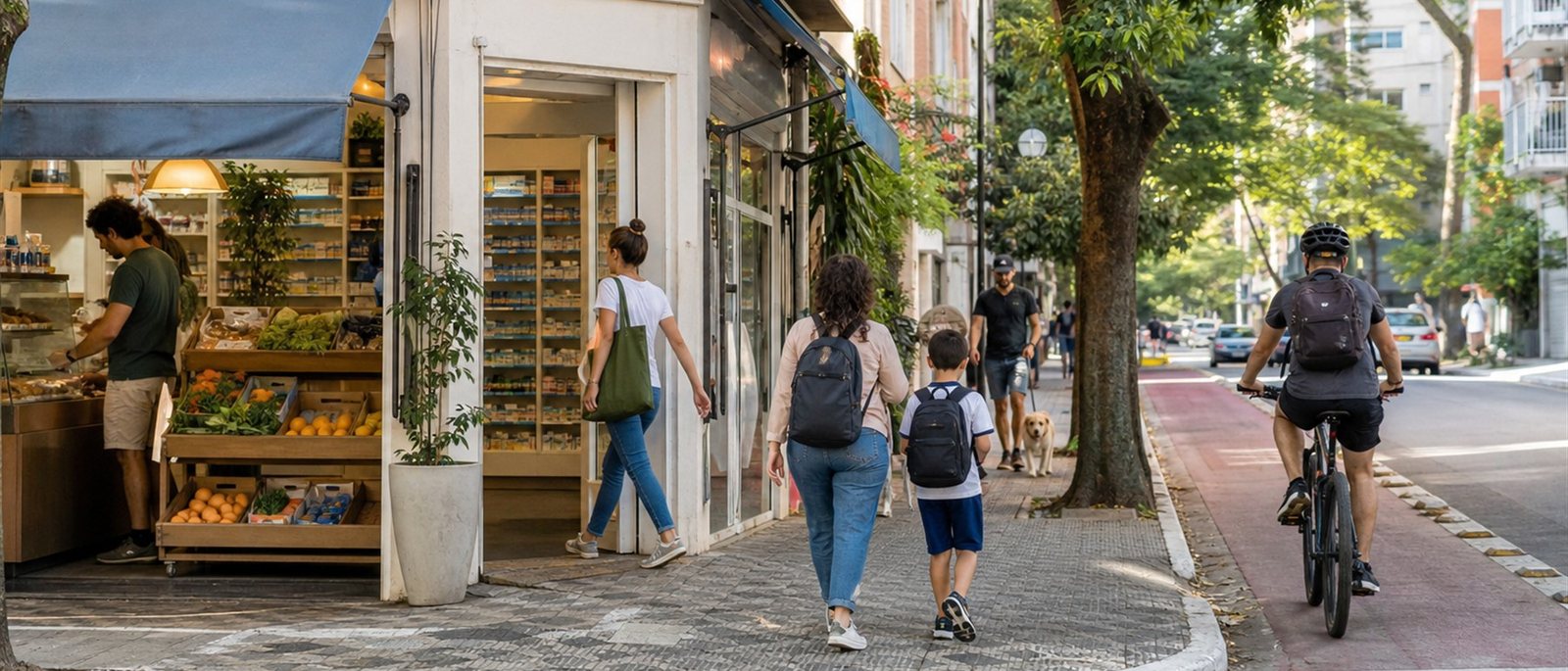 Calçada de comércio de bairro com ciclovia