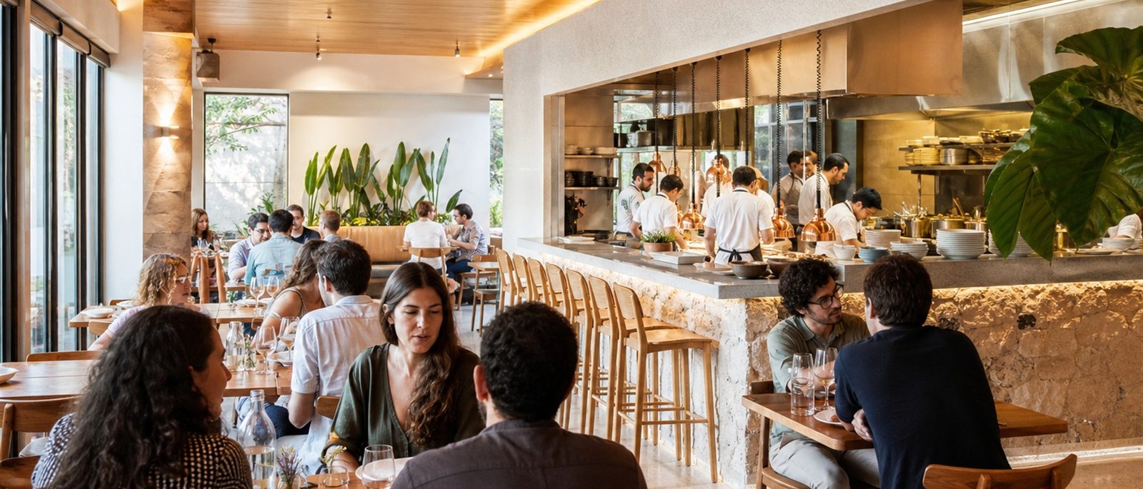 Salão de restaurante com cozinha aberta