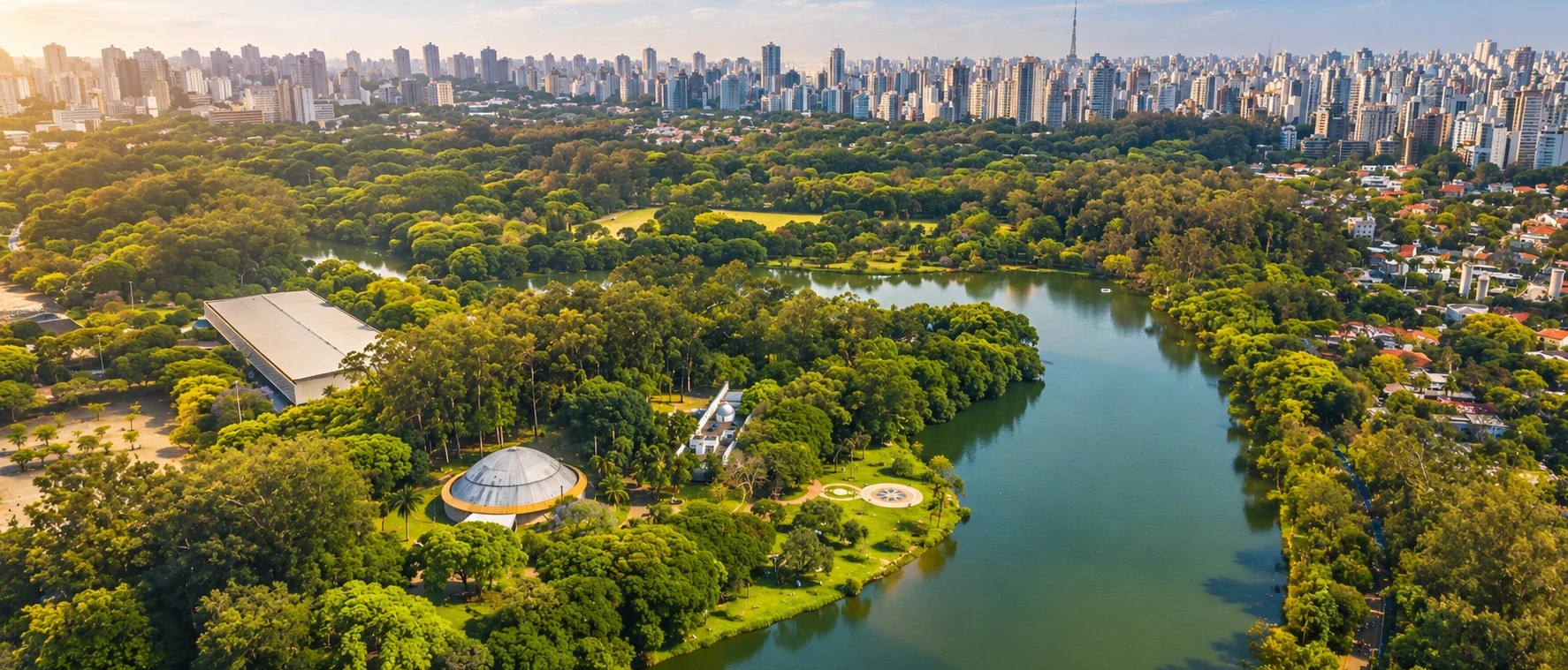 Parque Ibirapuera visto do alto, com a Oca, o lago e o skyline da Vila Mariana