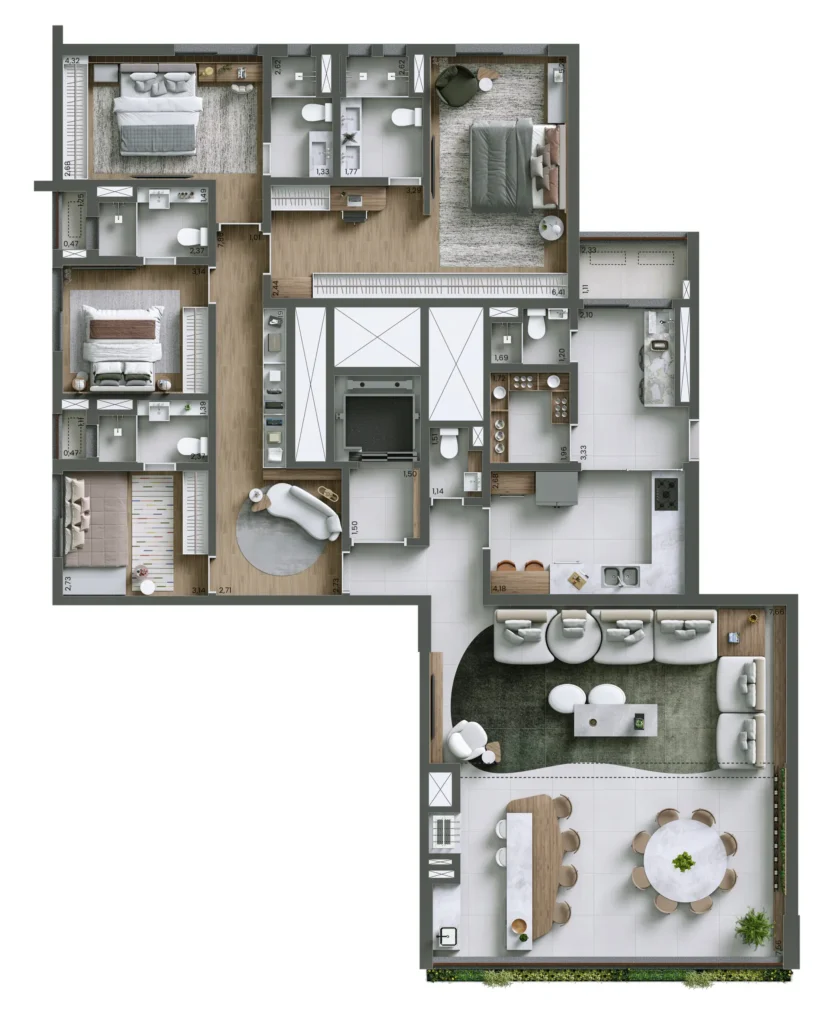 Planta do apartamento de 4 quartos e 208 m² do Nuv Moema.