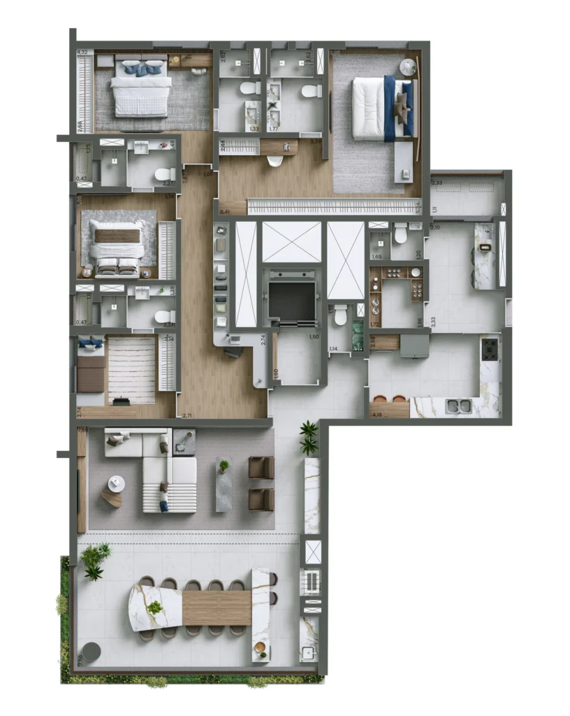 Planta do apartamento de 4 quartos e 207 m² do Nuv Moema.