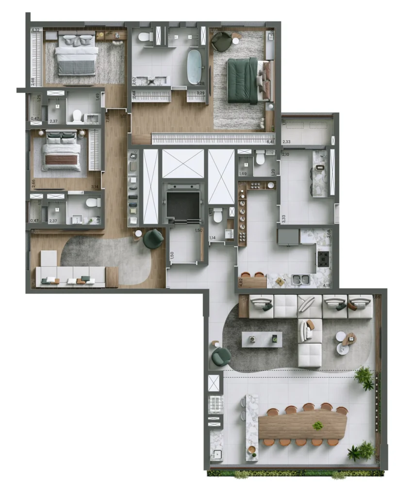 Planta do apartamento de 3 quartos e 208 m² do Nuv Moema, com três suítes e terraço integrado.