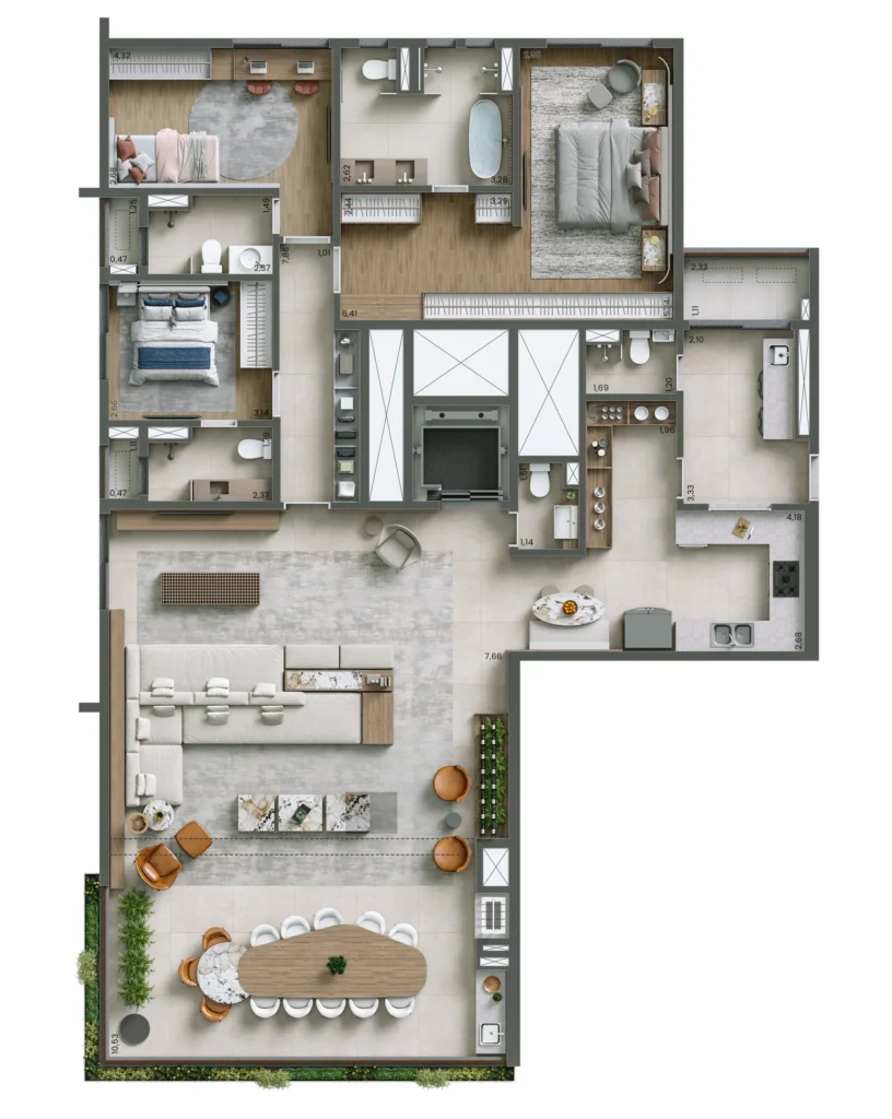 Planta do apartamento de 3 quartos e 207 m² do Nuv Moema, com três suítes, living ampliado e suíte máster ampliada.