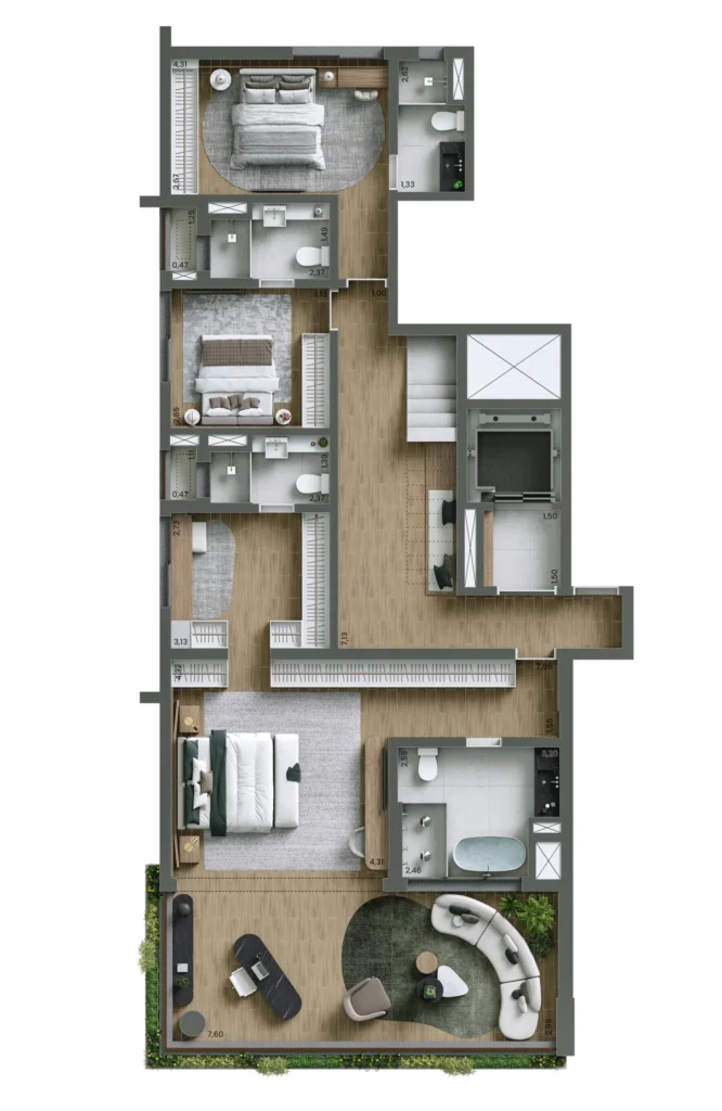 Planta do duplex de 4 suítes e 445 m² do Nuv Moema, pavimento inferior.