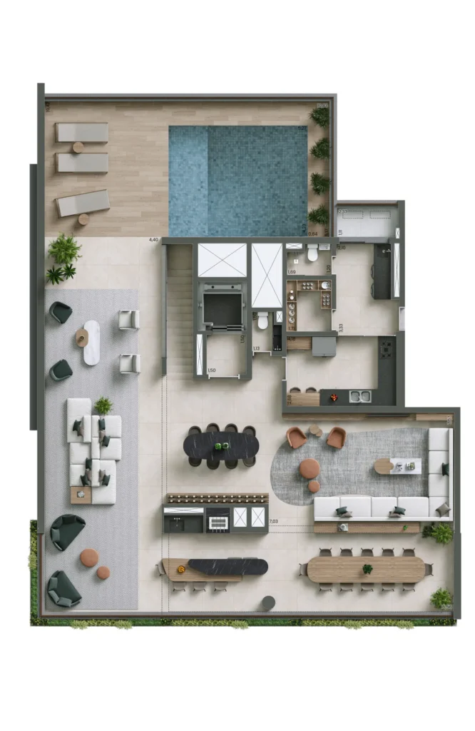 Planta do duplex de 4 suítes e 445 m² do Nuv Moema, pavimento superior.