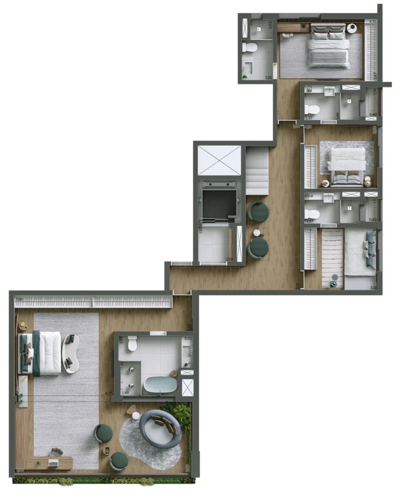 Planta do duplex de 4 suítes e 447 m² do Nuv Moema, pavimento inferior.