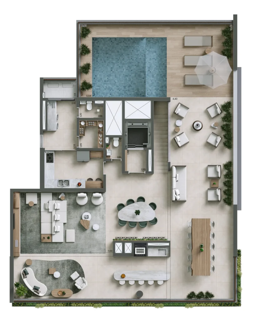 Planta do duplex de 4 suítes e 447 m² do Nuv Moema, pavimento superior.