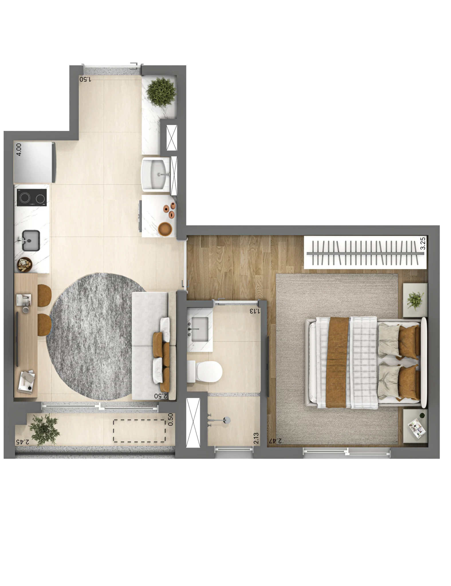 Planta do apartamento de 1 quarto e 28 m² do NIK Vila Mariana.