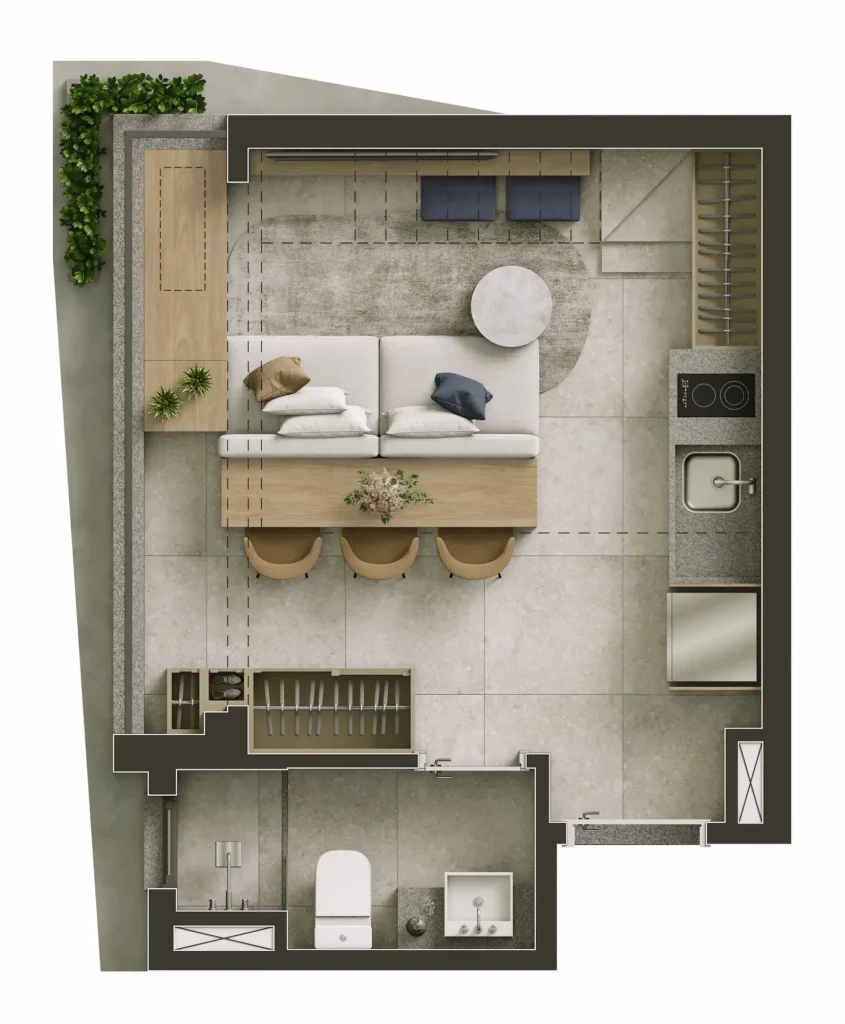 Planta do studio de 22 m² do NIK Frei Caneca, com pé-direito de 3,78 m, na versão living.