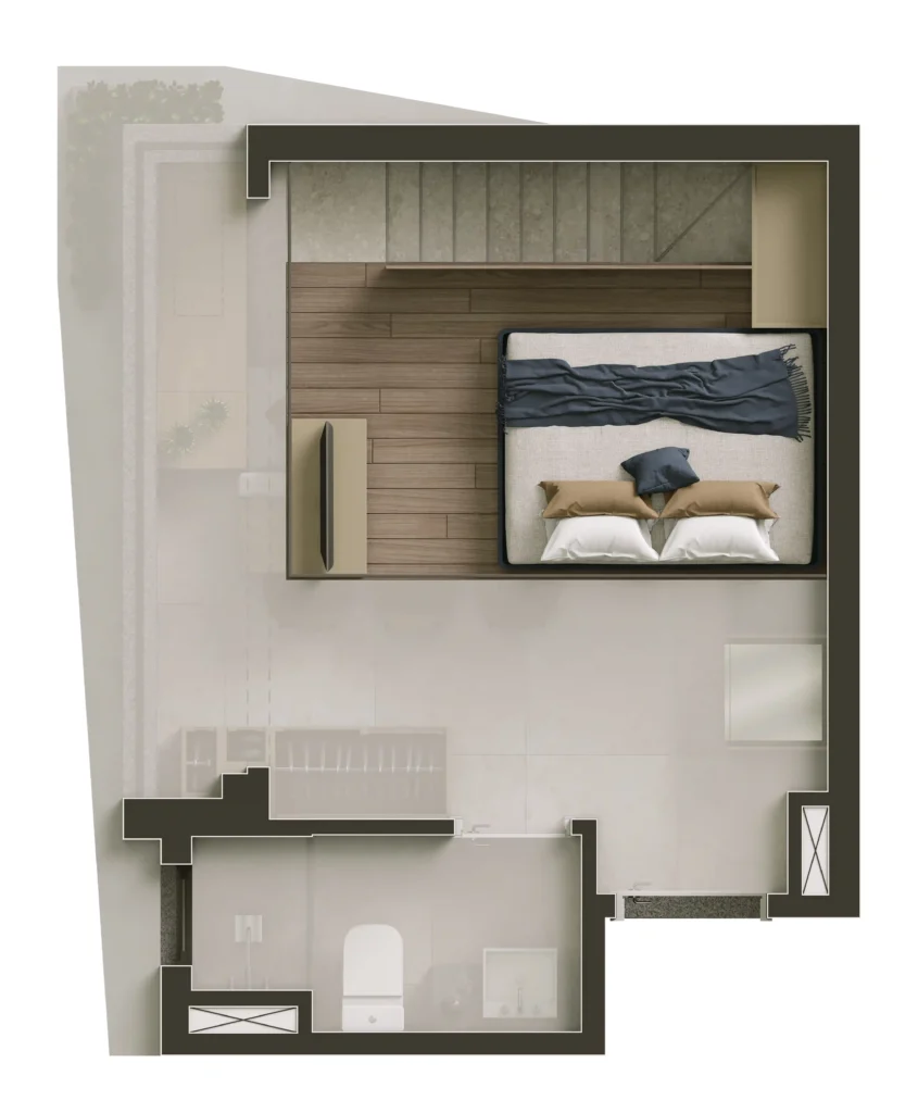 Planta do studio de 22 m² do NIK Frei Caneca, com pé-direito de 3,78 m, na versão dormitório.