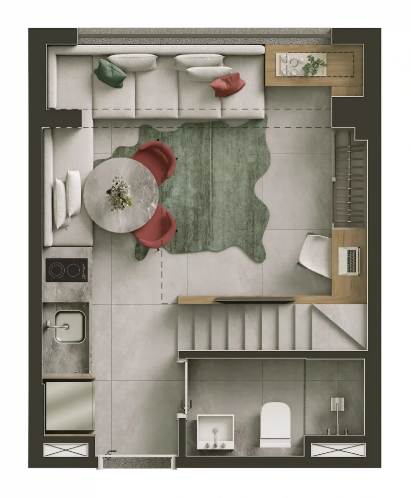 Planta do studio de 21 m² do NIK Frei Caneca, com pé-direito de 3,78 m, na versão living.