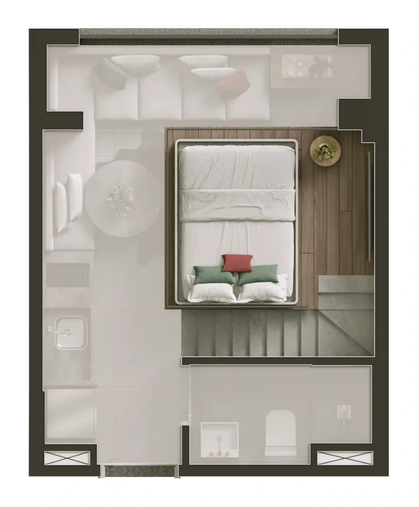 Planta do studio de 21 m² do NIK Frei Caneca, com pé-direito de 3,78 m, na versão dormitório.