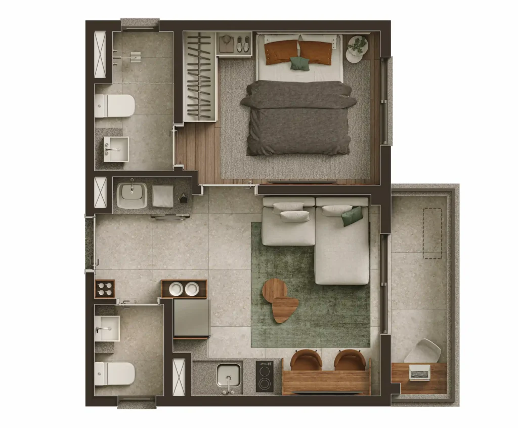 Planta do apartamento de 1 quarto e 33 m² do NIK Frei Caneca, com terraço integrado.