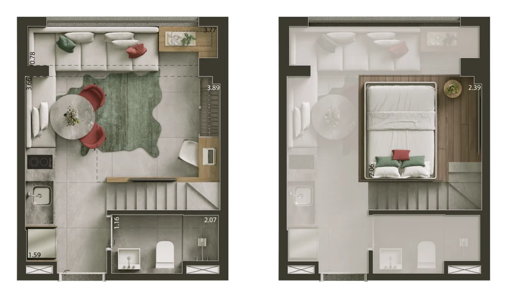Planta do studio de 21 m² do NIK Frei Caneca com pé-direito plus, nível do living e nível superior