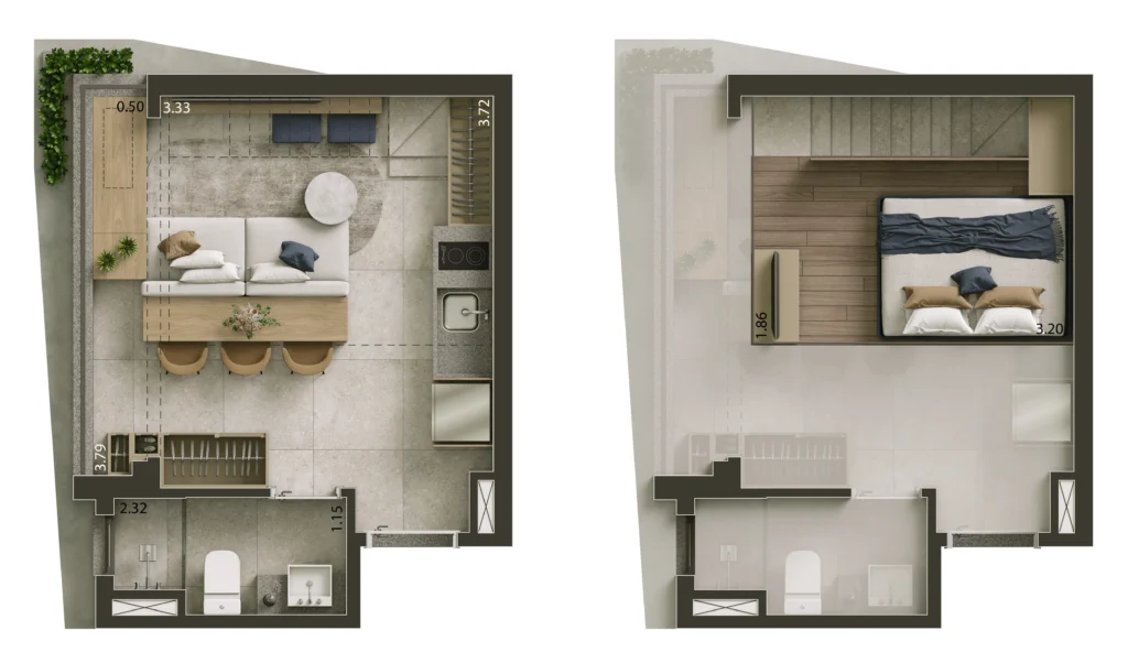 Planta do studio de 22 m² do NIK Frei Caneca com pé-direito plus, nível do living e nível superior
