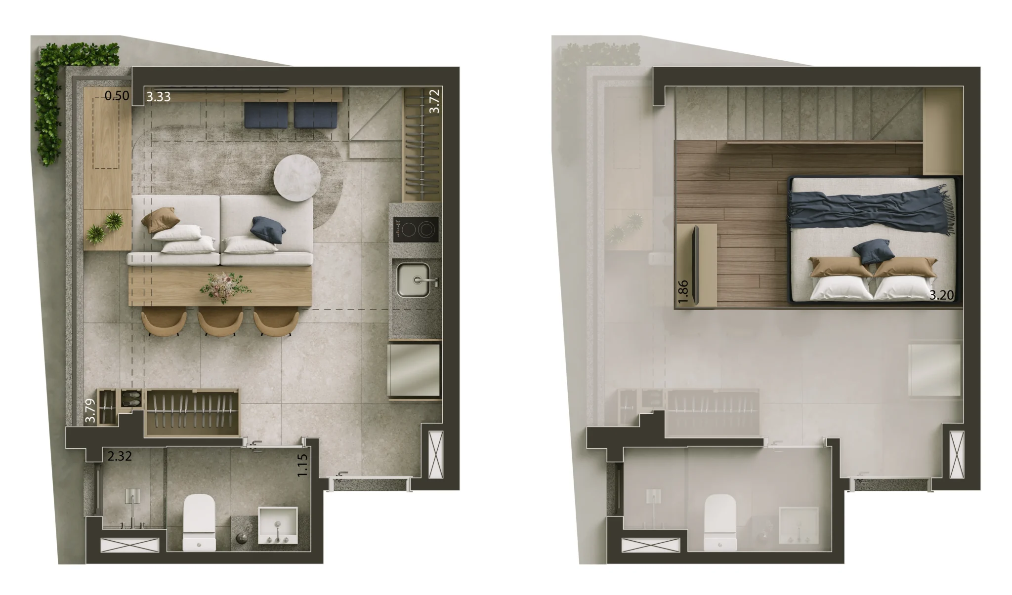 Planta do studio de 22 m² do NIK Frei Caneca com pé-direito plus, nível do living e nível superior