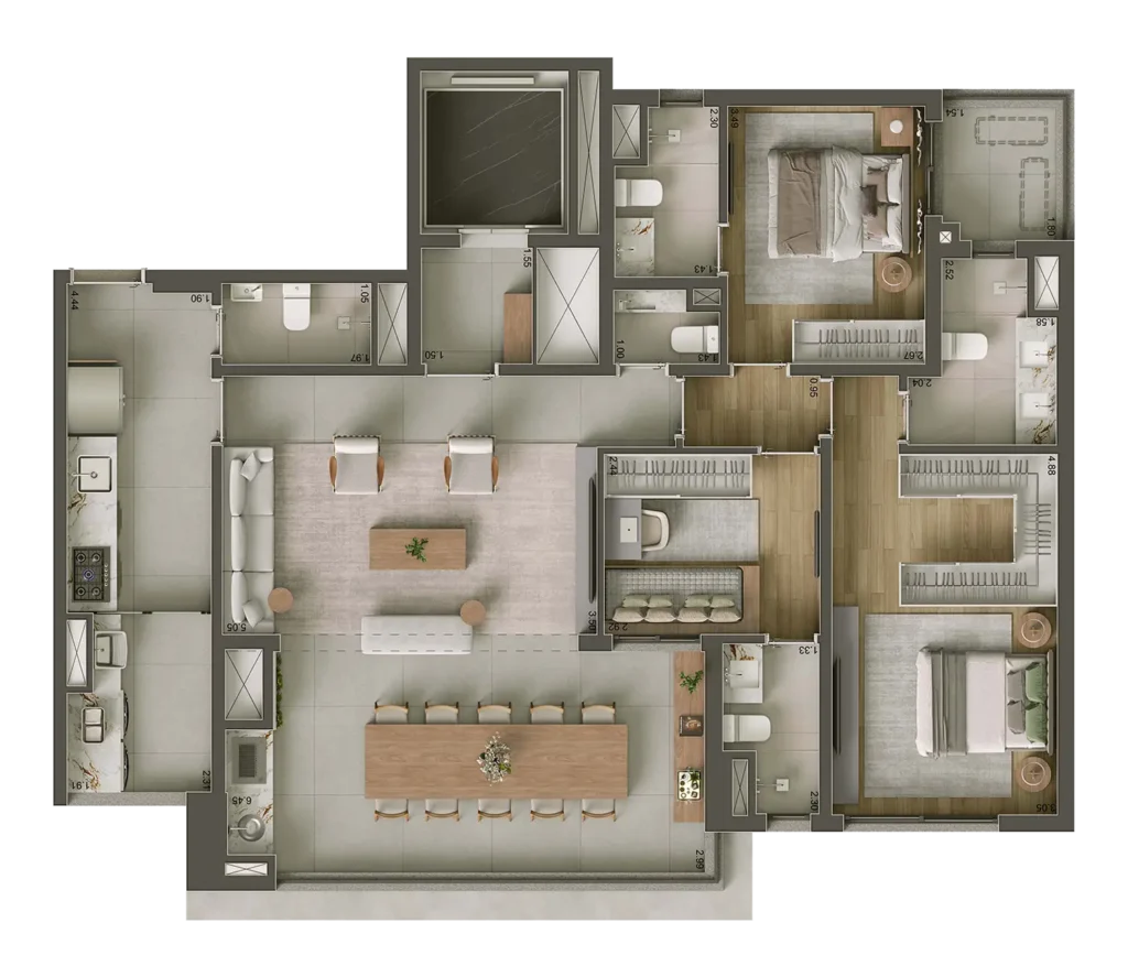 Planta do apartamento de 3 quartos e 122 m² do Core Klabin, com três suítes e terraço integrado.