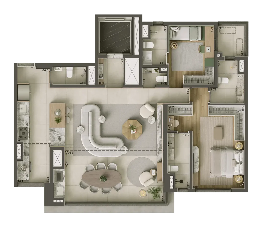 Planta do apartamento de 2 quartos e 122 m² do Core Klabin, com duas suítes, banheiro Sr. e Sra. e sala ampliada.