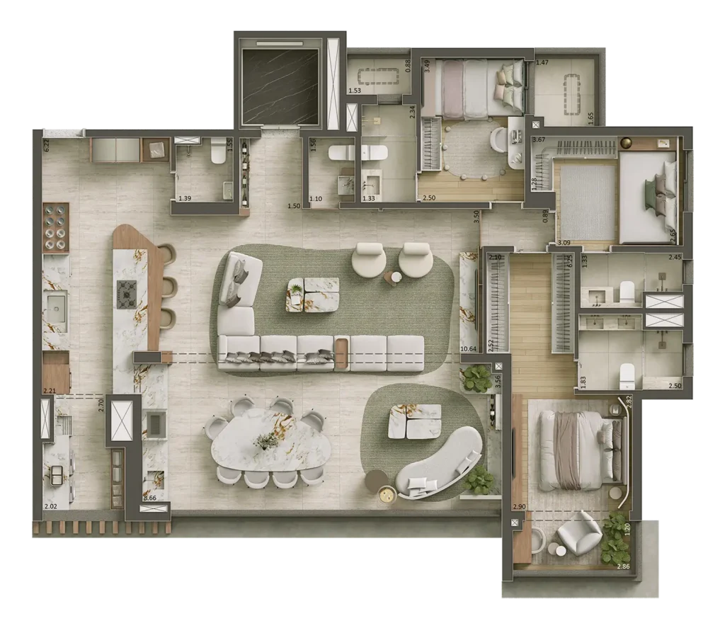 Planta do apartamento de 3 quartos e 161 m² do Core Klabin, com três suítes e sala ampliada.