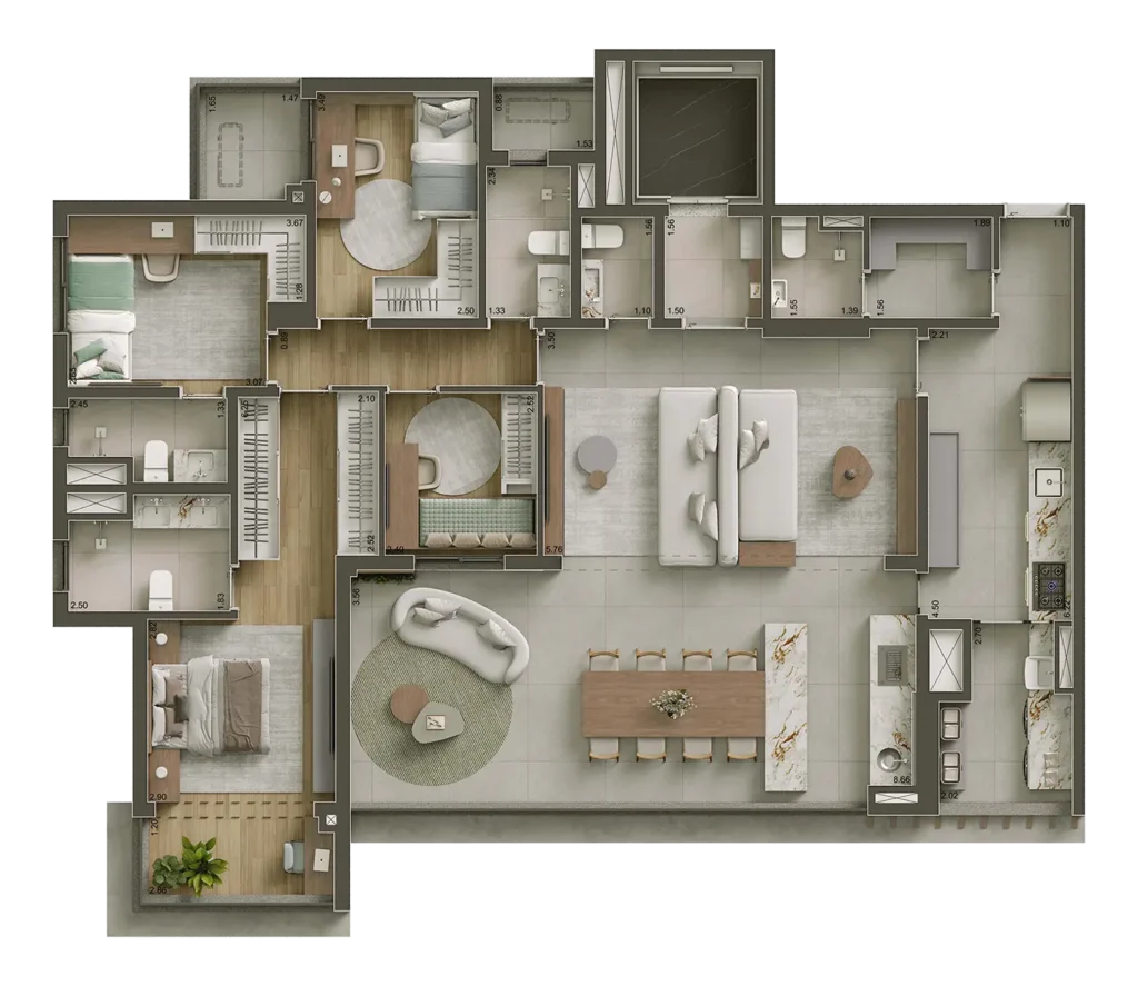 Planta do apartamento de 4 quartos e 161 m² do Core Klabin, com terraço integrado.