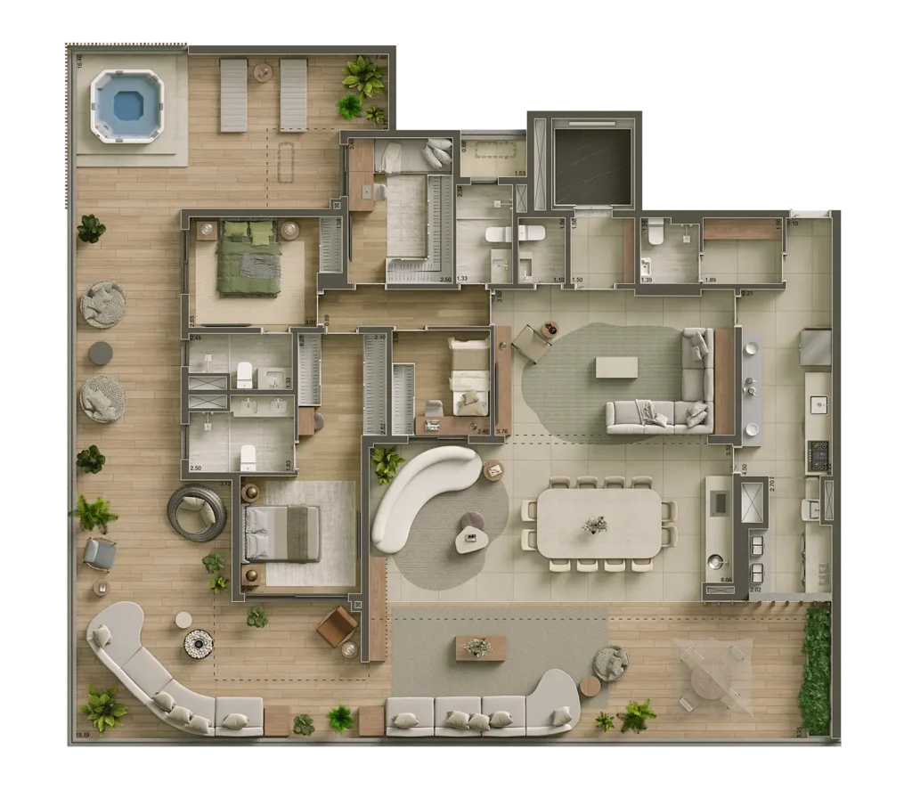 Planta do garden de 4 quartos e 273 m² do Core Klabin.