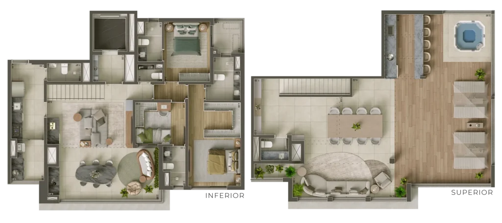 Planta do duplex de 3 quartos e 234 m² do Core Klabin, com três suítes.
