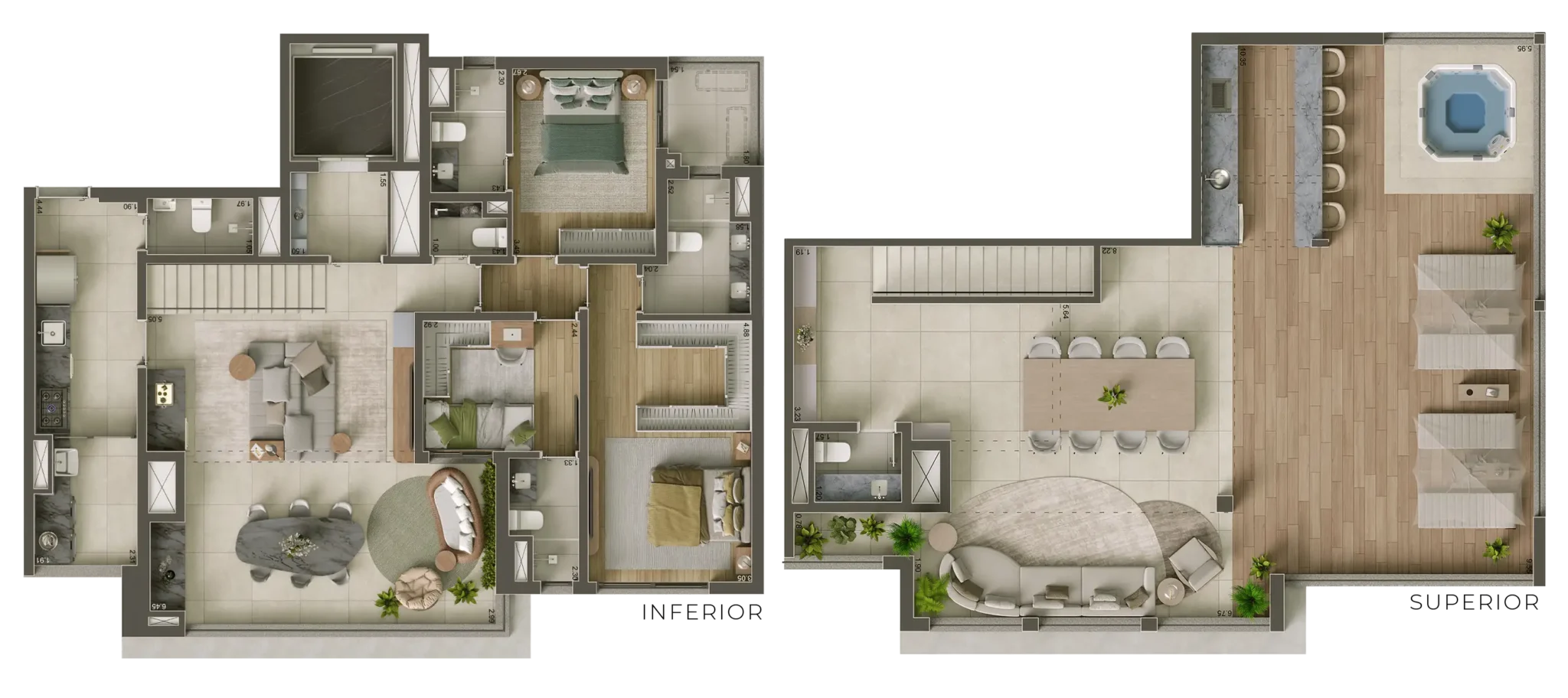 Planta do duplex de 3 quartos e 234 m² do Core Klabin, com três suítes.