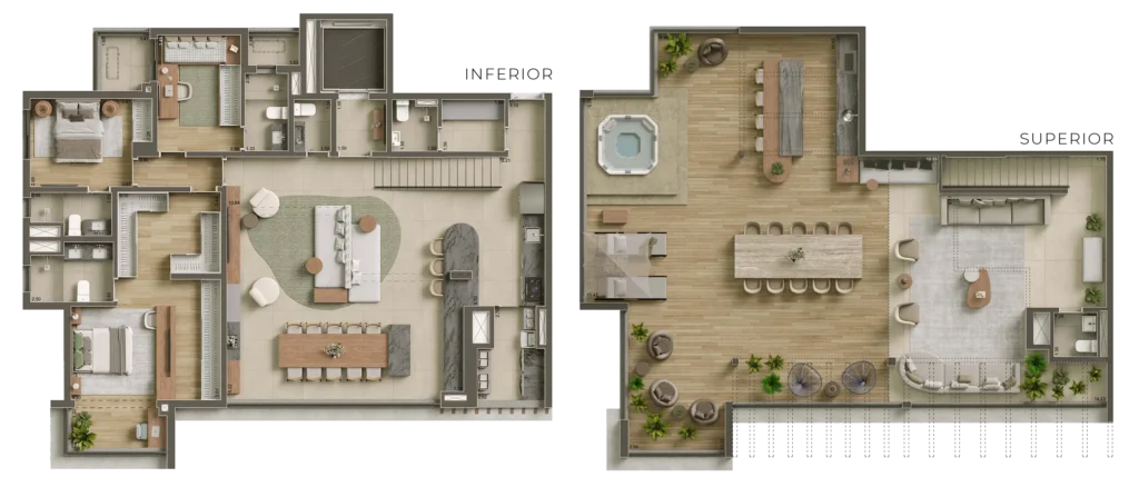 Planta do duplex de 3 quartos e 307 m² do Core Klabin, com três suítes.