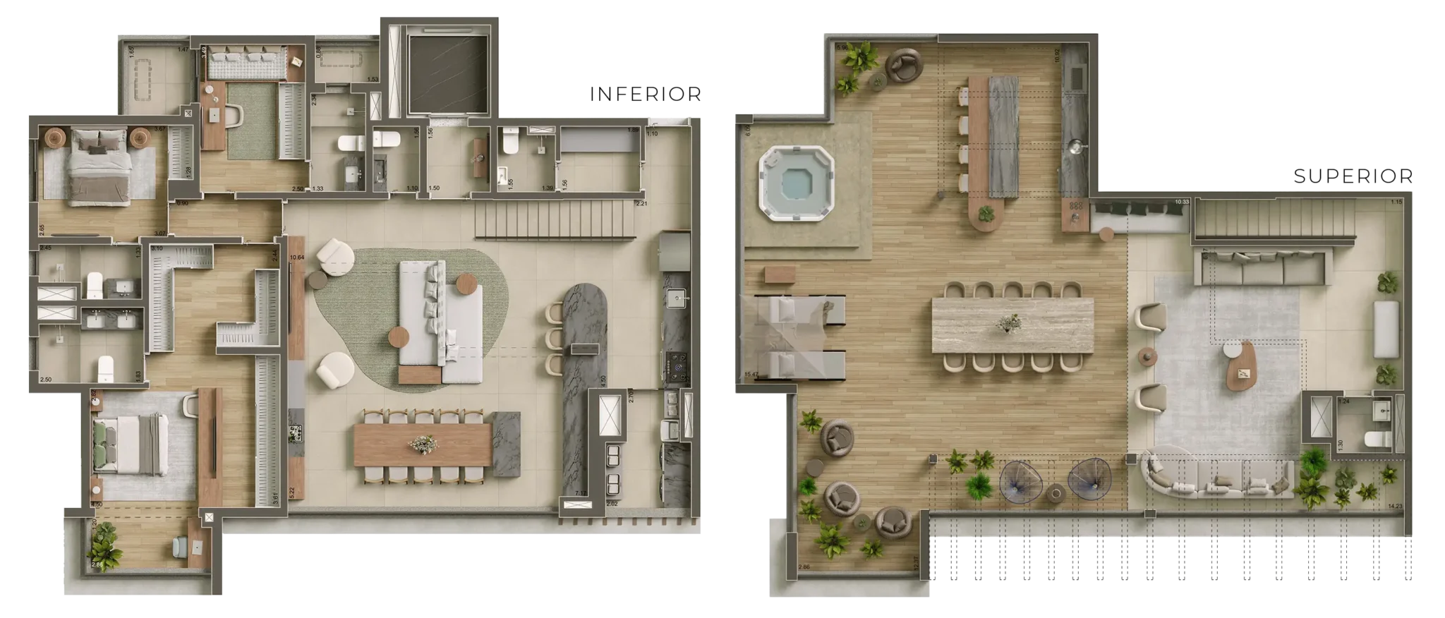 Planta do duplex de 3 quartos e 307 m² do Core Klabin, com três suítes.