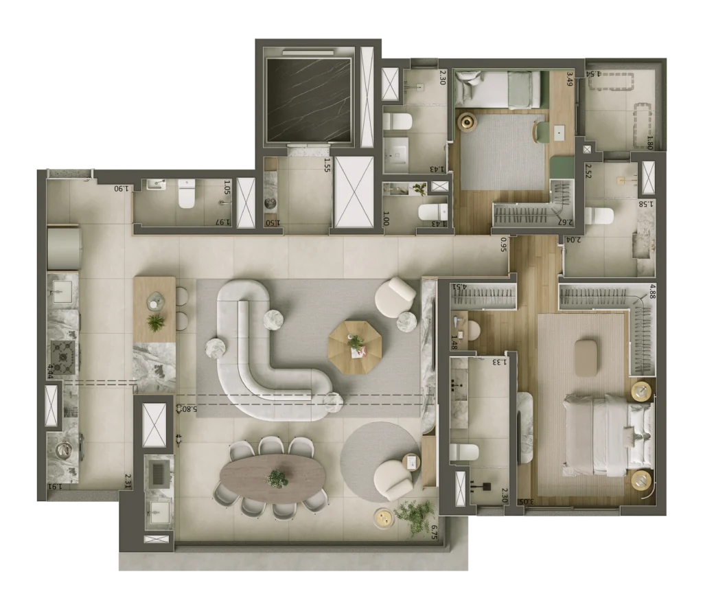 Planta do apartamento de 2 quartos e 122 m² do Core Klabin, com duas suítes, banheiro Sr. e Sra. e sala ampliada.
