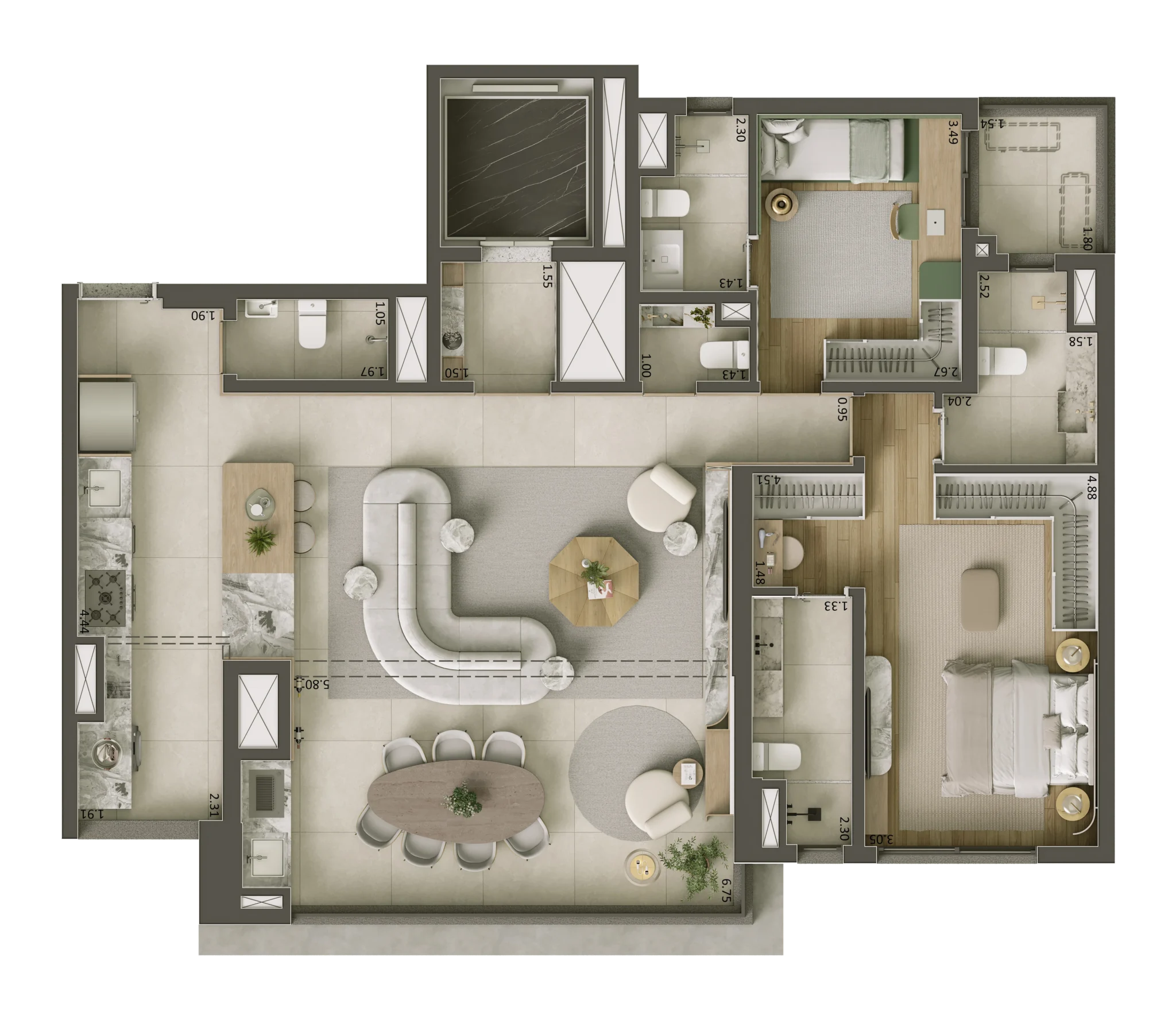 Planta do apartamento de 2 quartos e 122 m² do Core Klabin, com duas suítes, banheiro Sr. e Sra. e sala ampliada.