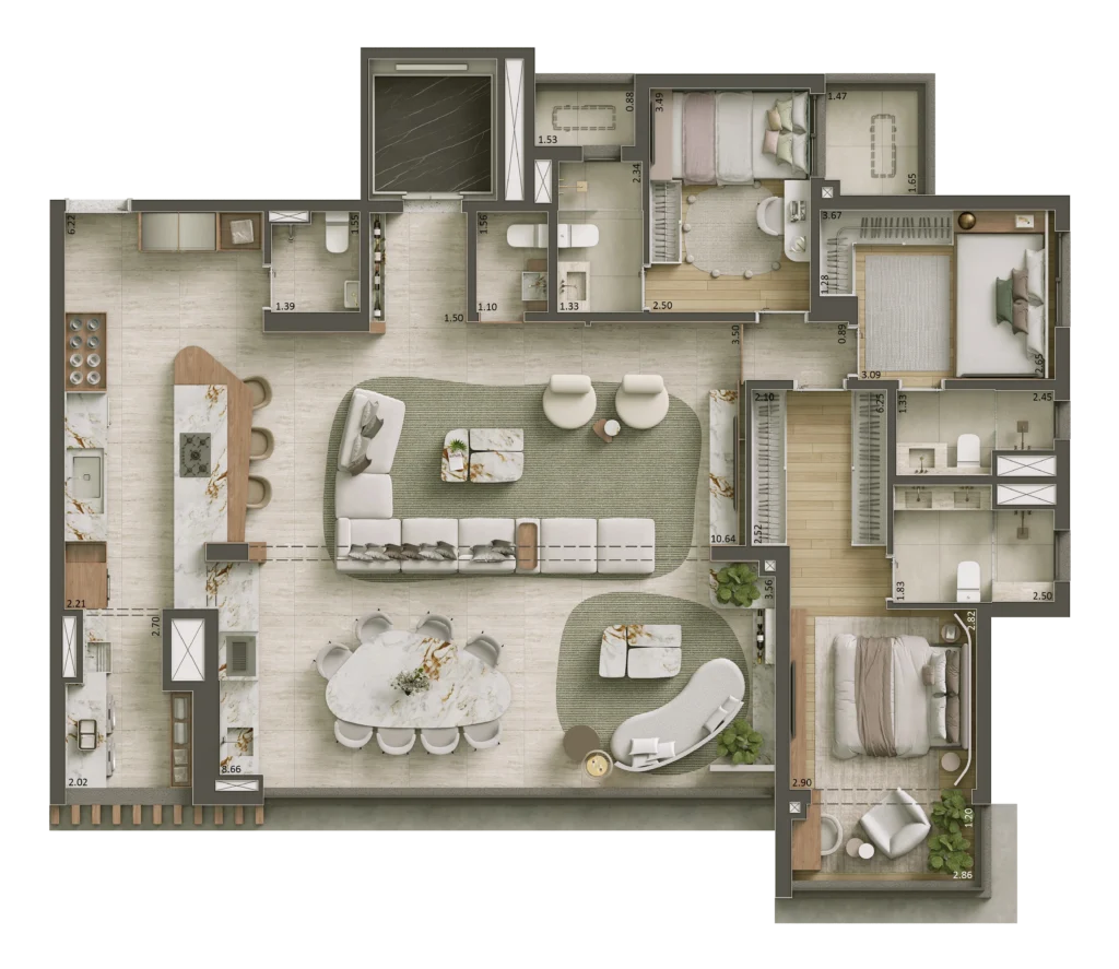 Planta do apartamento de 3 quartos e 161 m² do Core Klabin, com três suítes e sala ampliada.