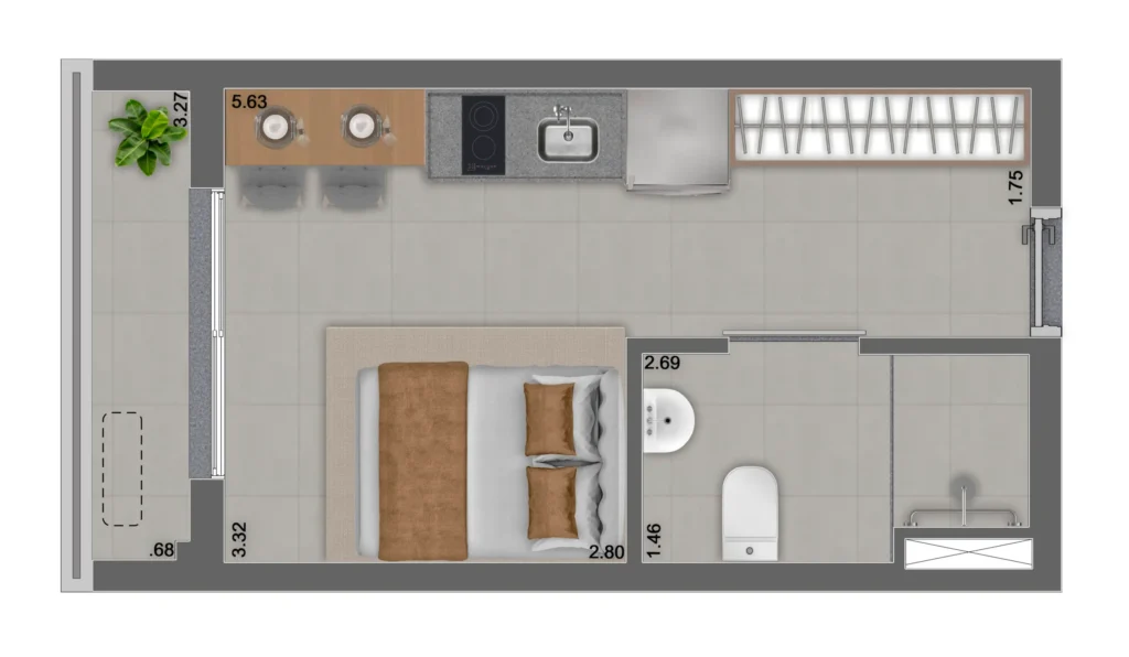 Planta do studio de 25 m² do NIK Estilo Paulista, unidade de serviços de moradia.
