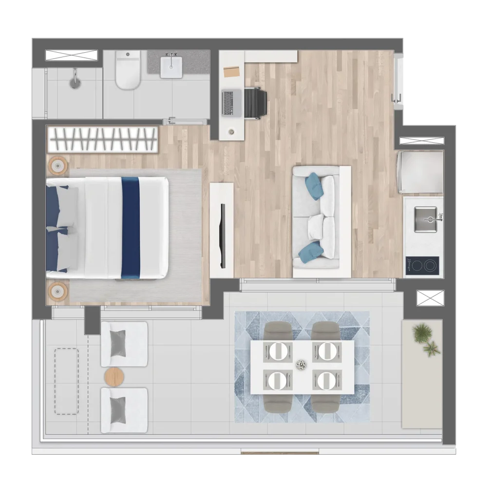 Planta do apartamento de 1 quarto e 42 m² do NIK Paulista.