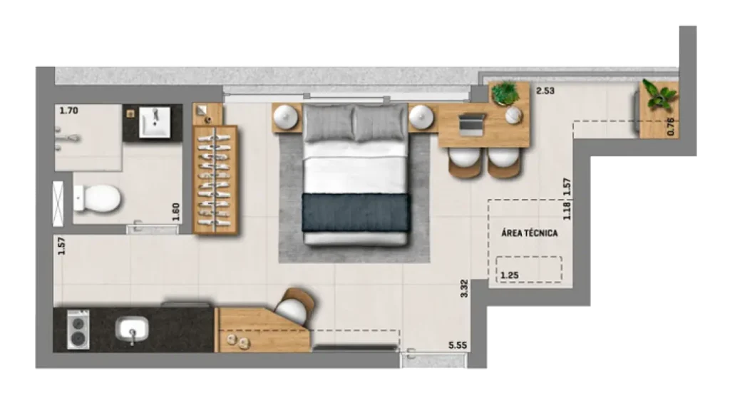 Planta do studio de 23 m² do NIK Perdizes.