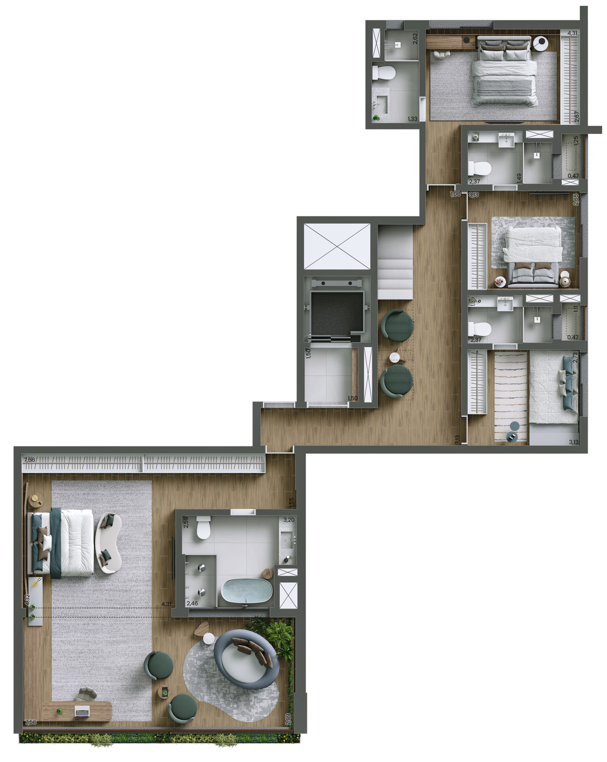 PLANTA DUPLEX - 4 SUÍTES - 447m² - PAVIMENTO INFERIOR