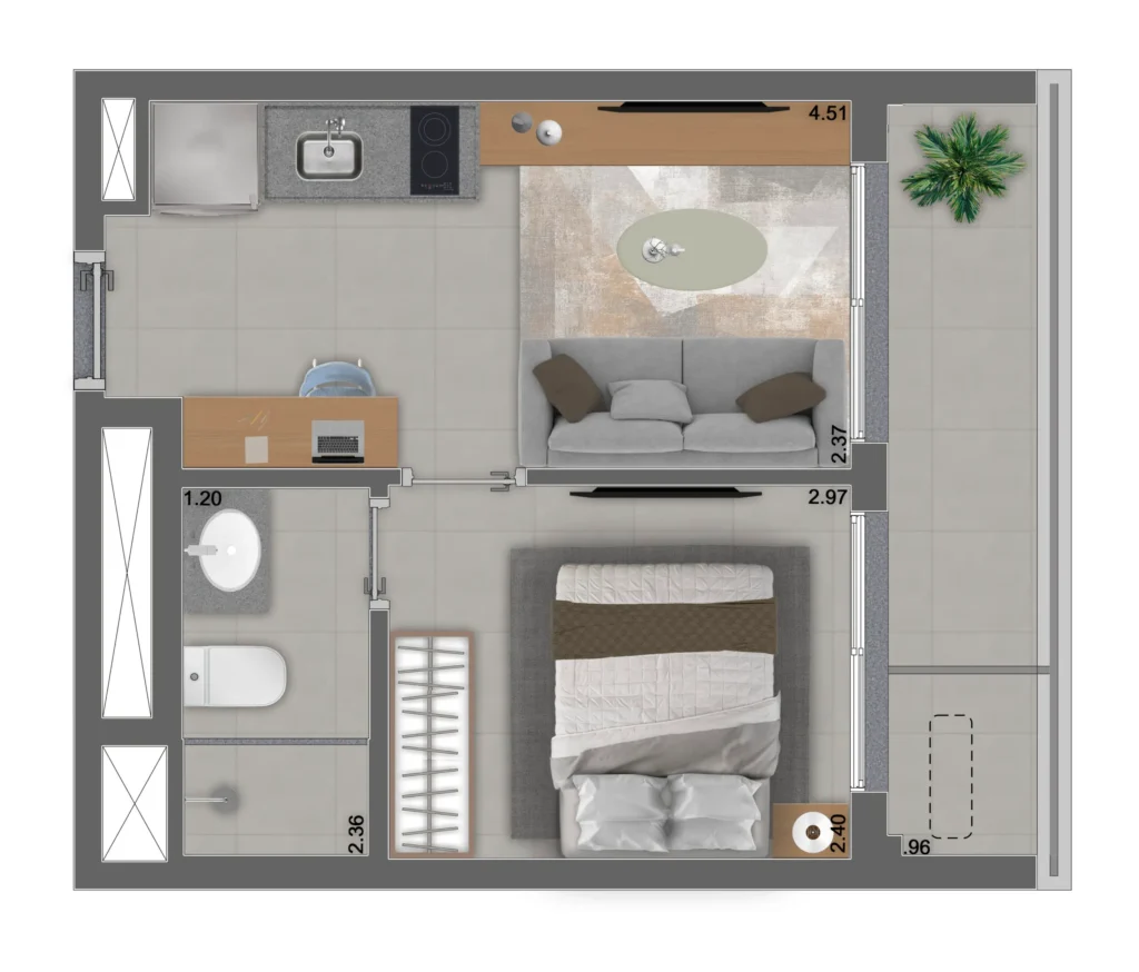 Planta do apartamento de 1 quarto e 31 m² do NIK Estilo Paulista, com pé-direito XPand de 3,78 m.