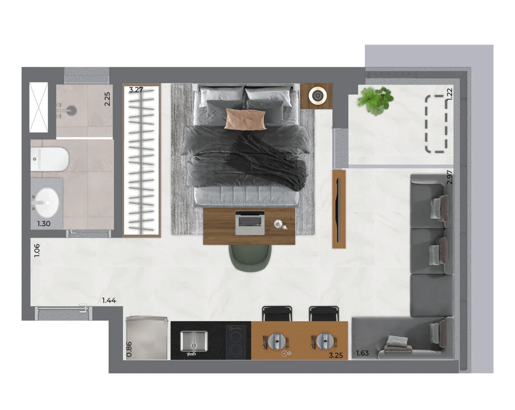 Planta do studio de 31 m² do NIK Sunset Paulista.