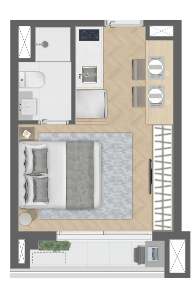 Planta do studio de 21 m² do NIK Paulista.