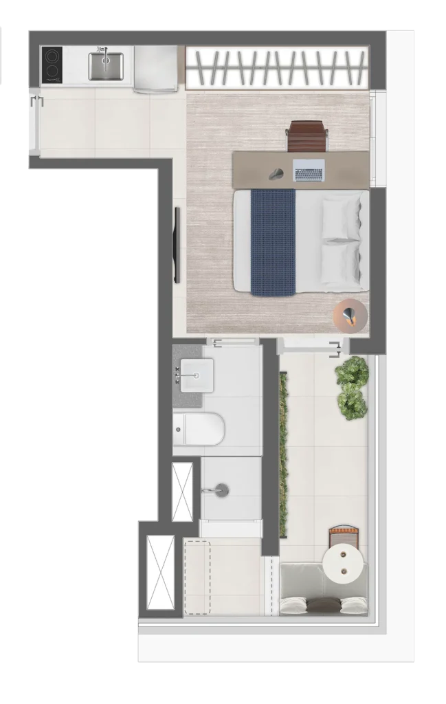Planta do studio de 26 m² do NIK Paulista.