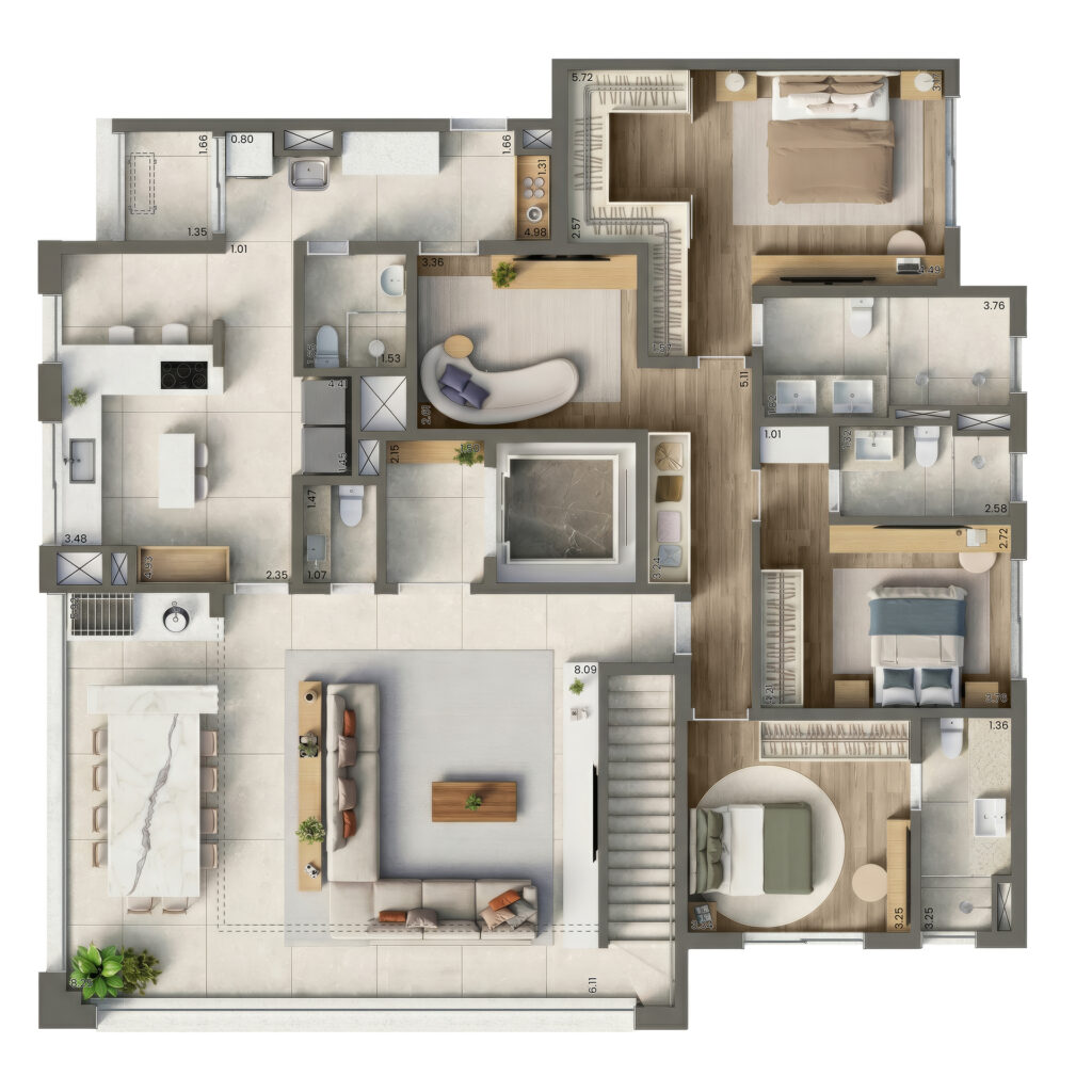 Planta do duplex de 3 suítes e 347 m² do Taj Ibirapuera, pavimento inferior.